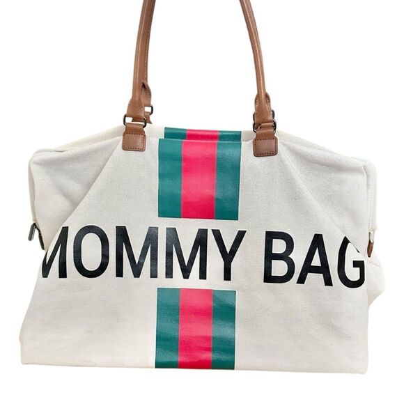 Childhome Extra Large Canvas Mommy Bag Tote Red Green Stripes - Picture 4 of 11